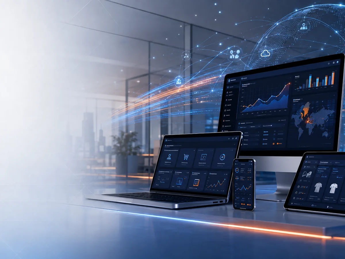 Premium ERP solution visual with analytics dashboard and enterprise workflow panels